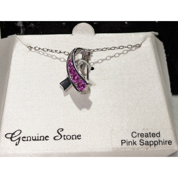 Pink Saphire Breast Cancer Charm Pin Necklace - Picture 4 of 6